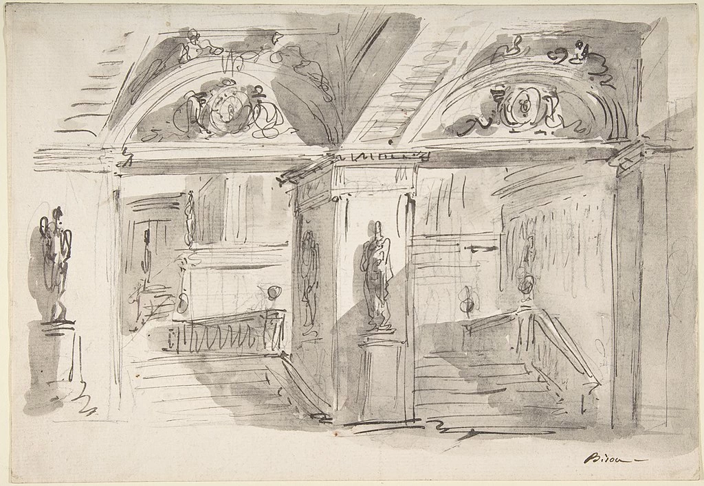 Schizzo di scorcio dell'interno di un palazzo con scale, statue e ornamenti - Metropolitan Museum of Art, New York